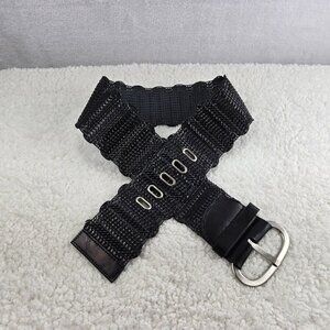 Wide Black Belt Woven Faux Leather Cord Silve Buckel Career Wear Cottage Core Sz